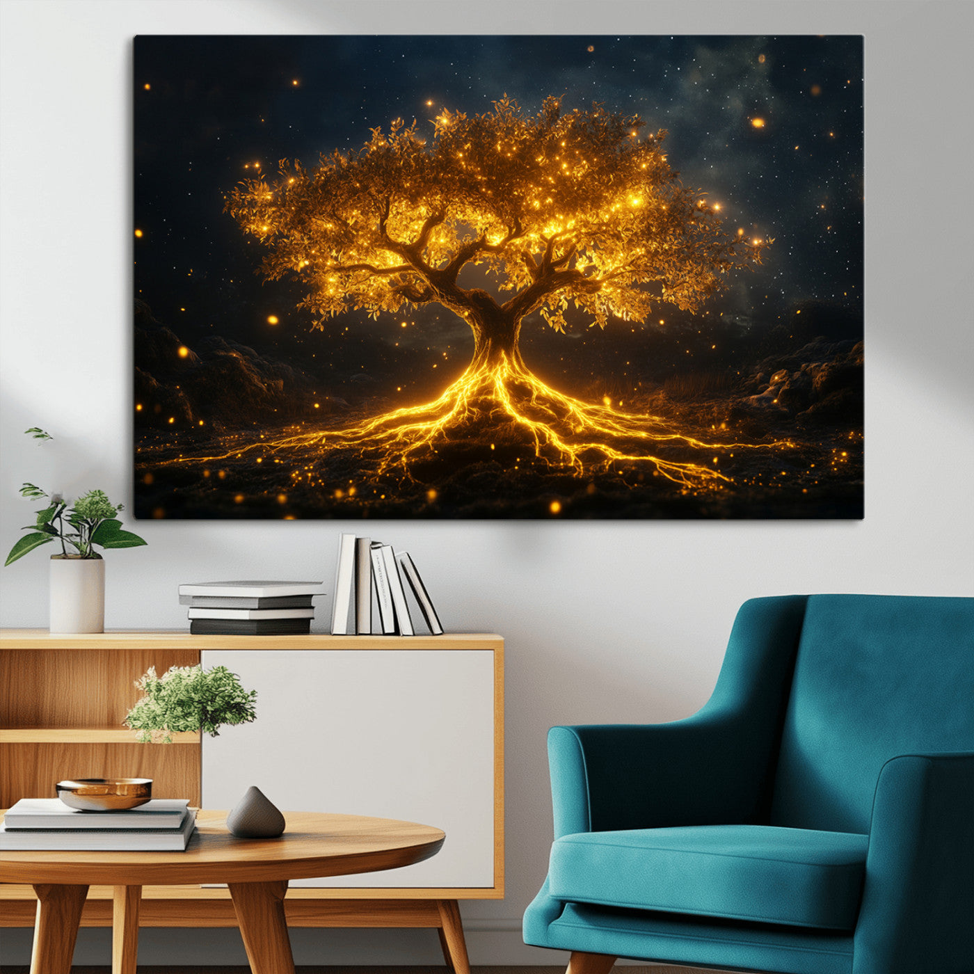 MGV-CV-36X24 - Golden Tree of Life Canvas Wall Art Print - Majestic Glowing Tree Design for Living Room, Office, or