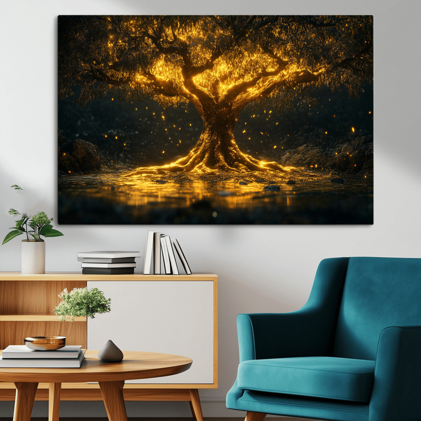 MGV-CV-36X24 - Golden Tree of Life Canvas Wall Art Print - Majestic Glowing Tree Wall Art Print