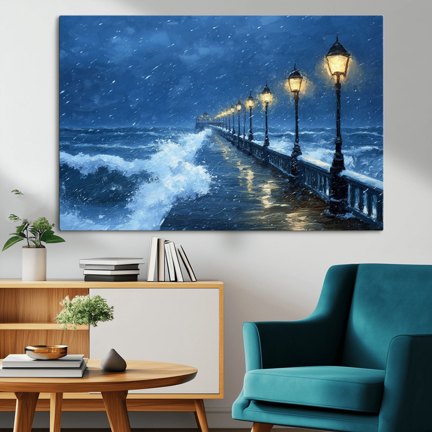 MGV-CV-36X24 - Stormy Ocean Pier Lights Canvas Wall Art Print - Large Moody Night Scene for Living Room, or Office,