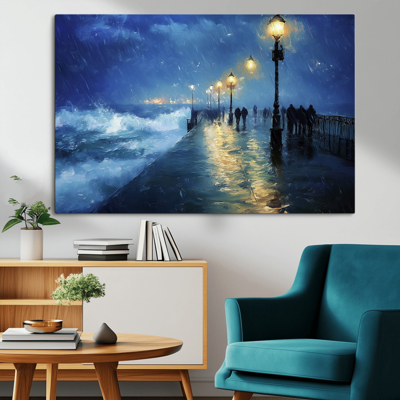 MGV-CV-36X24 - Abstract Stormy Ocean Pier Canvas Wall Art Print | Stormy Ocean Art | Large Moody Night Scene Print,