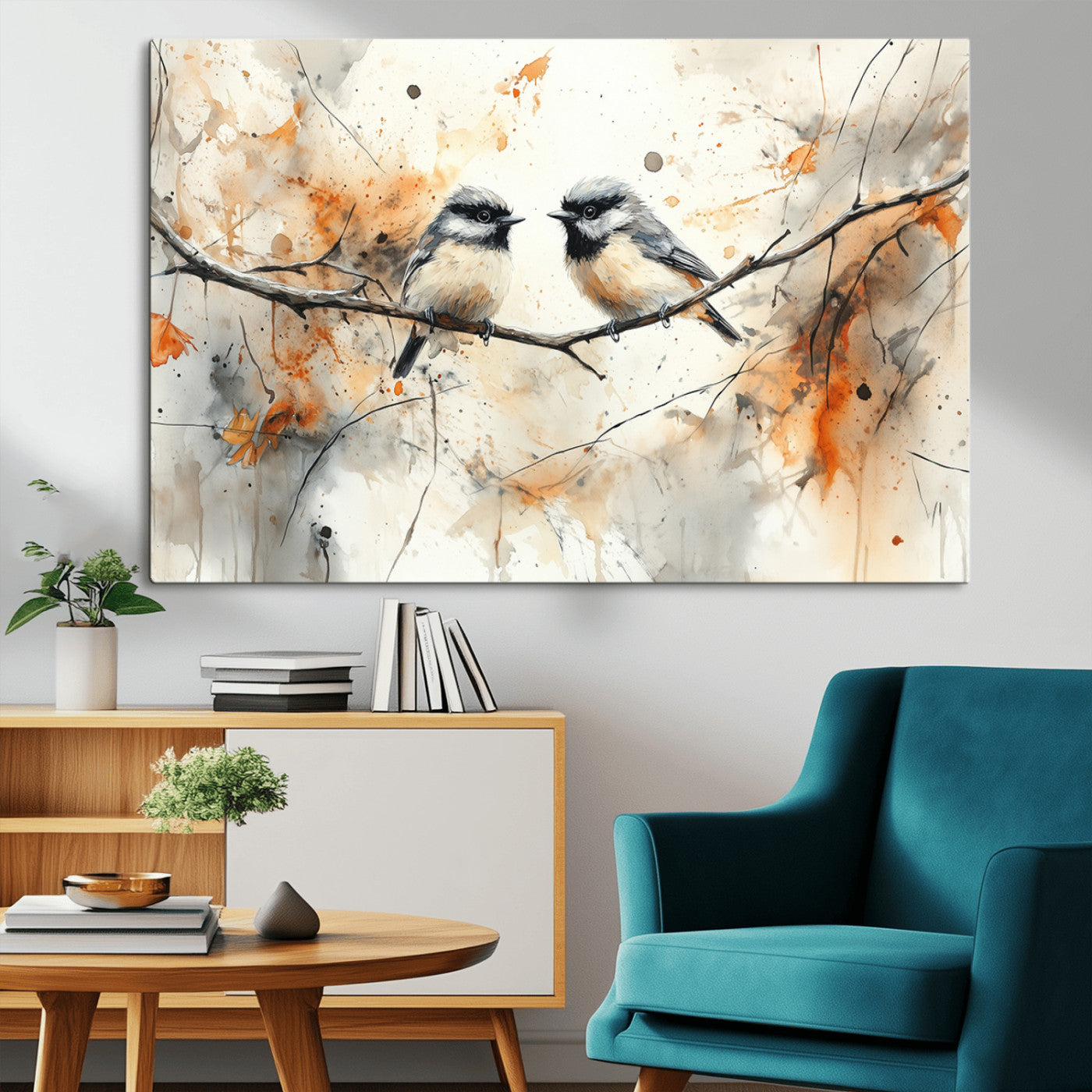 MGV-CV-36X24 - Abstract Watercolor Chickadee Bird Canvas Wall Art Print - Large Bird and Branch Wall Art, Modern