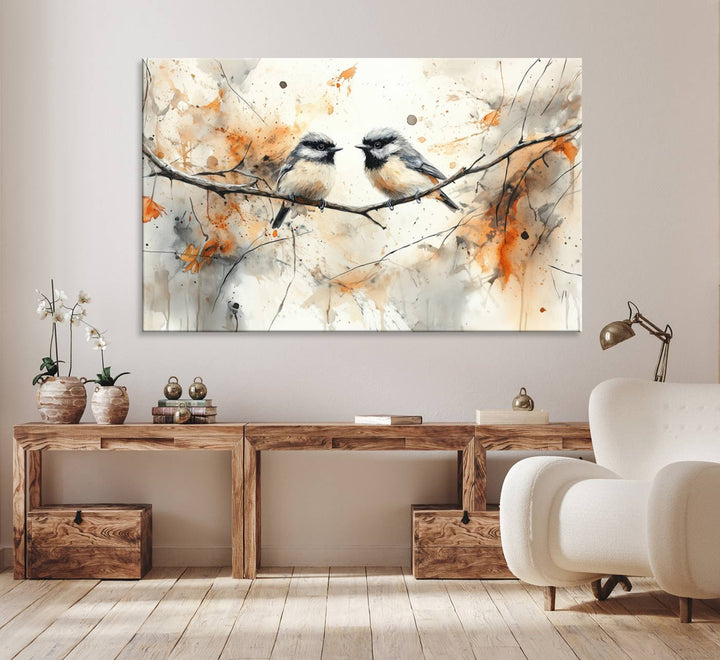 Abstract Watercolor Chickadee Bird Canvas Wall Art Print - Large Bird and Branch Wall Art, Modern Wildlife Wall Decor