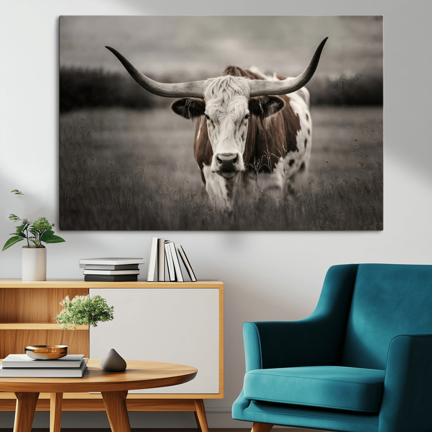 MGV-CV-36X24 - Texas Longhorn Cow Canvas Wall Art Print - Large Rustic Longhorn Art for Living Room, Western Wall