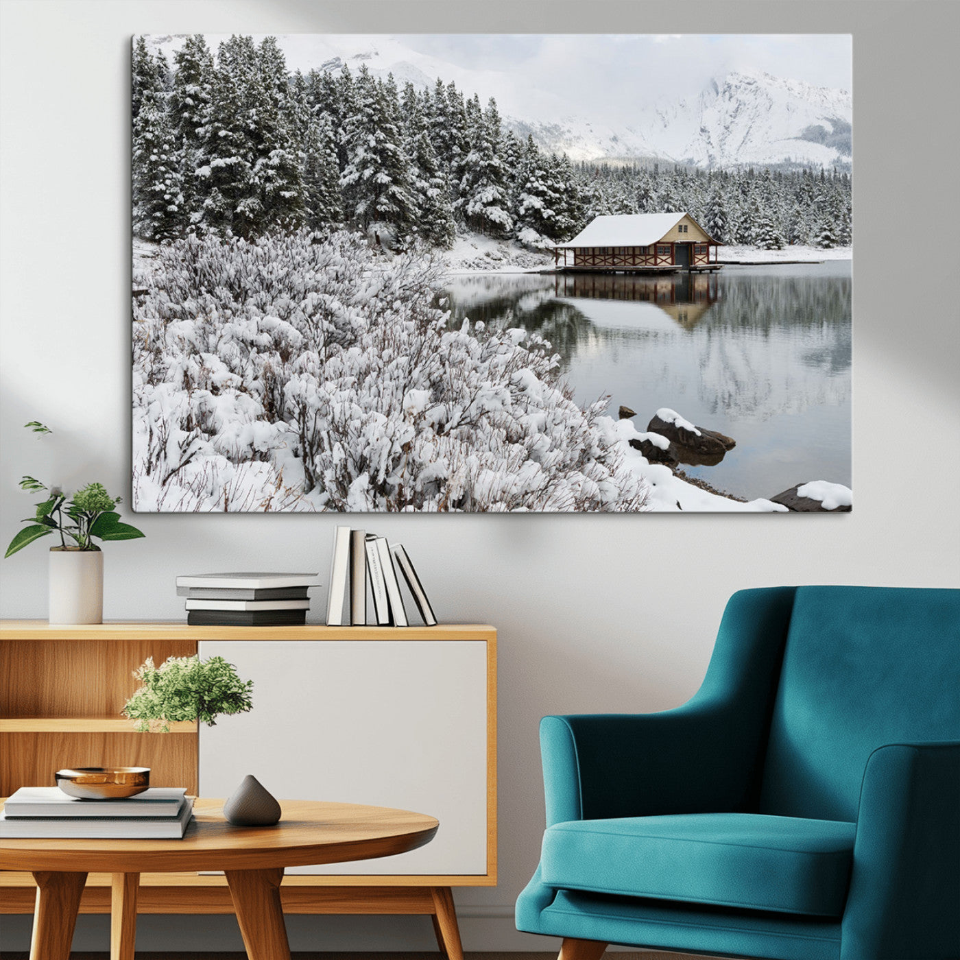 MGV-CV-36X24 - Winter Wall Art - Cabin by the Lake Canvas Wall Art - Serene Snowy Landscape with Mountain View,
