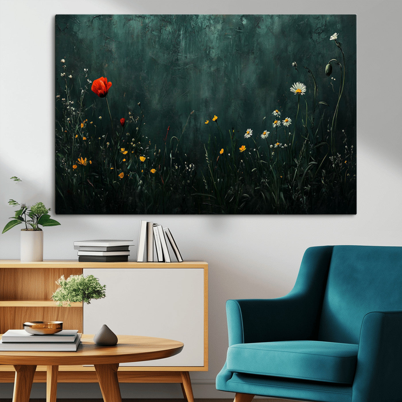 MGV-CV-36X24 - Wildflower Field Framed Wall Art, Vintage Botanical Landscape Sign, Botanical Wall Art, Modern