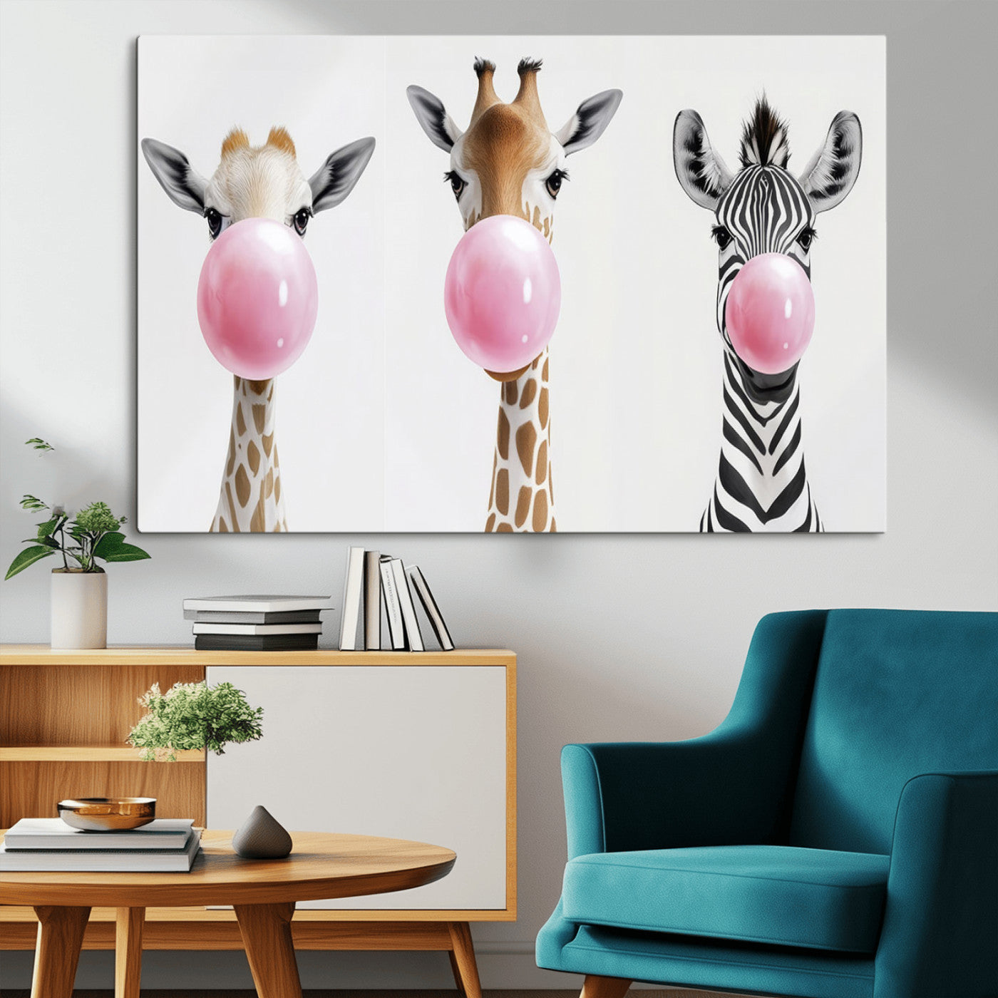 MGV-CV-36X24 - Bubblegum Animals Canvas Wall Art - Playful Giraffe and Zebra Trio, Fun Nursery Decor for Kids'