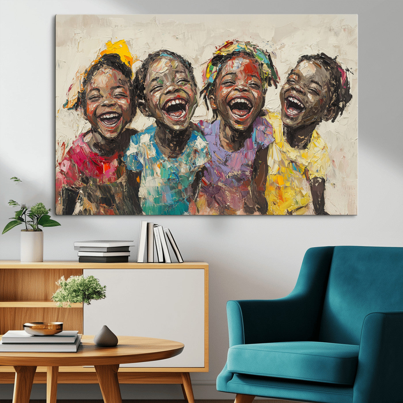 MGV-CV-36X24 - Shai Yossef style Joyful Childhood Canvas Wall Art - Expressive Impasto Painting of Black Children
