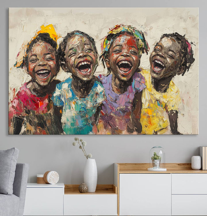 The Shai Yossef style "Joyful Childhood Canvas Wall Art" beautifully depicts an expressive impasto painting of three cheerful black children laughing, capturing the joyous essence of childhood.