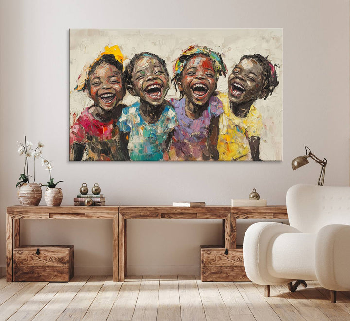 The Joyful Childhood Canvas Art by Shai Yossef, depicting kids laughing, is featured in the living room.