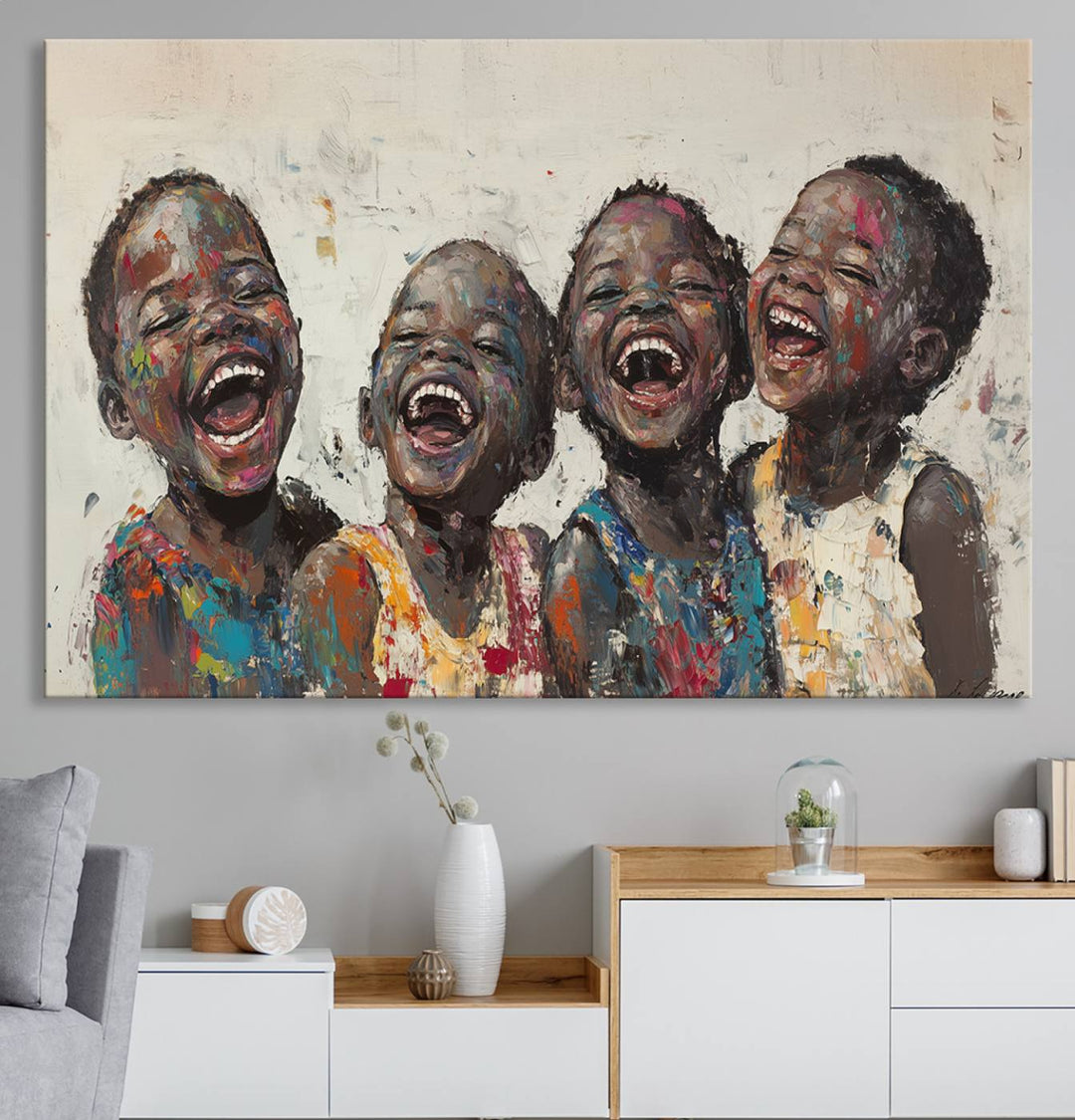 This Shai Yossef Print - Joyful Childhood Canvas Wall Art is an expressive impasto painting of laughing children. As framed abstract art for your living room, it adds a touch reminiscent of Shai Yossef's unique style to any living space.