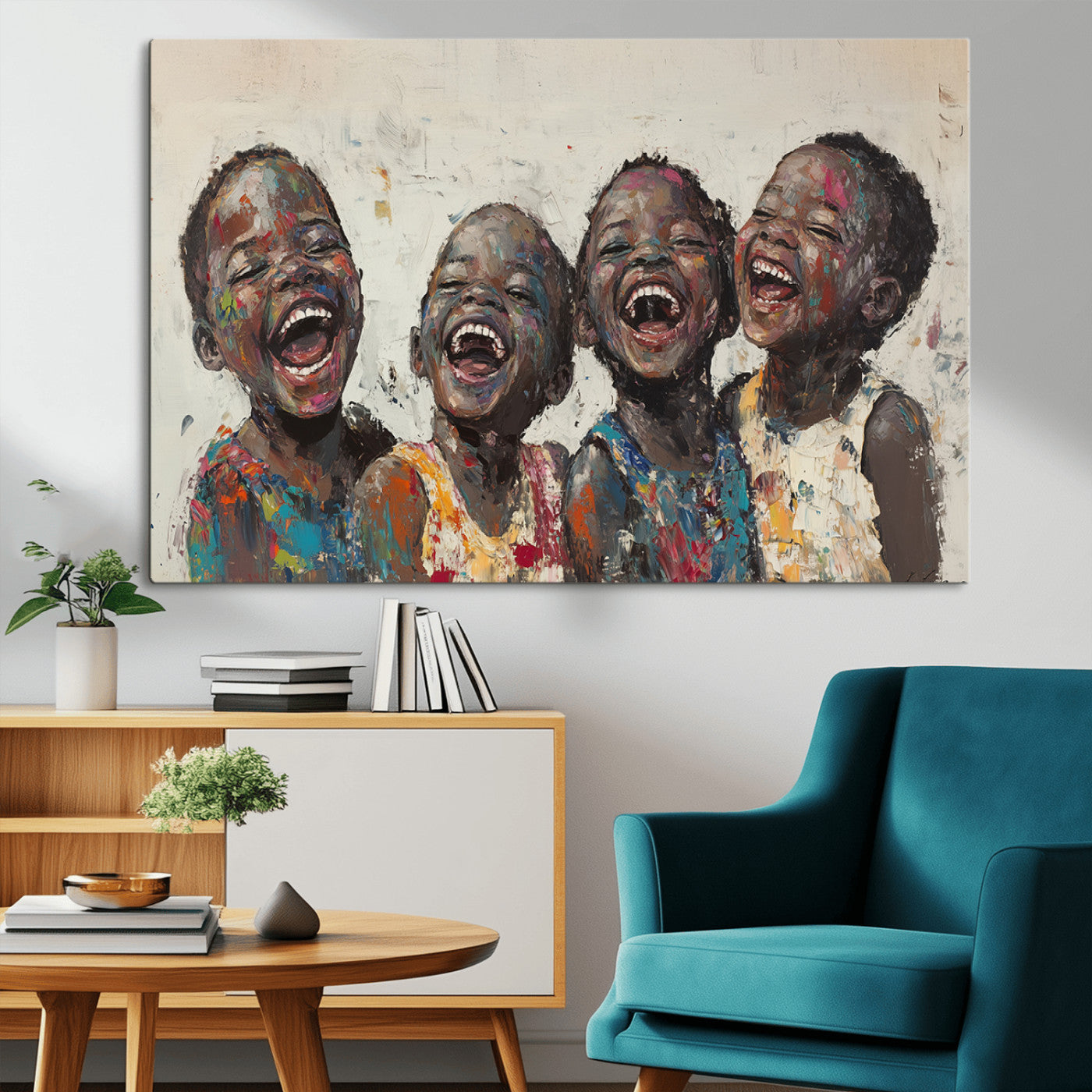85256-MGV-CV-36X24-Shai Yossef Print - Joyful Childhood Canvas Wall Art - Expressive Impasto Painting of Laughing