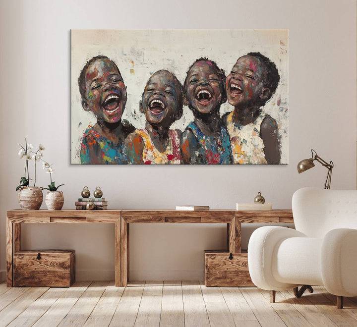 A living room featuring the Shai Yossef Joyful Childhood Canvas Wall Art.