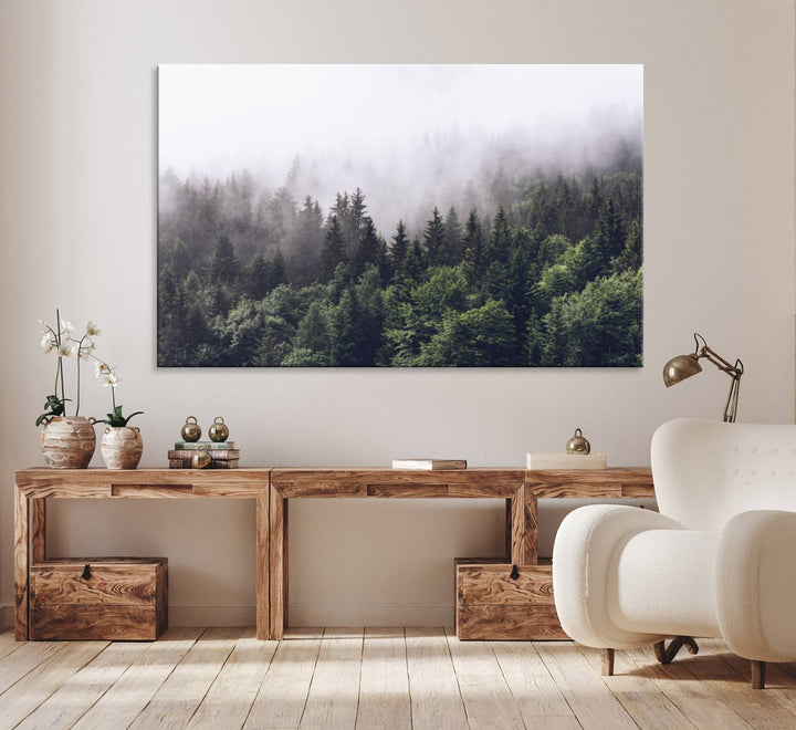 A serene triptych nature print featuring a misty forest, perfect as wall art.