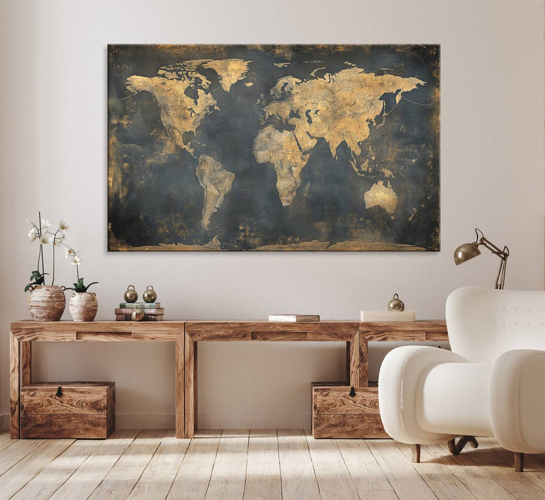 Grunge World Map Canvas Wall Art - Vintage Aged World Map with Golden Tones, Framed Artwork for Living Room, Office, or Study Decor
