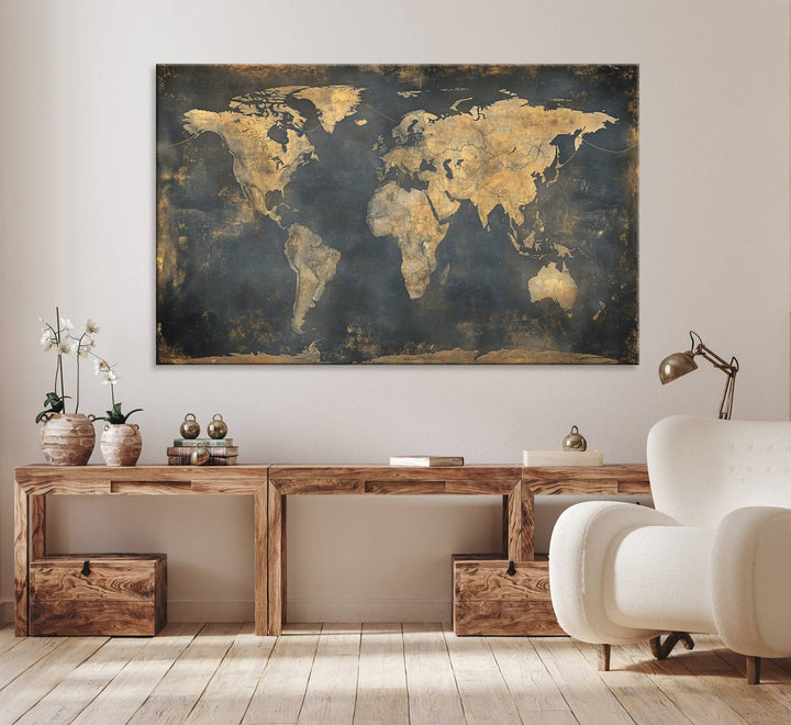 Grunge World Map Canvas Wall Art - Vintage Aged World Map with Golden Tones, Framed Artwork for Living Room, Office, or Study Decor