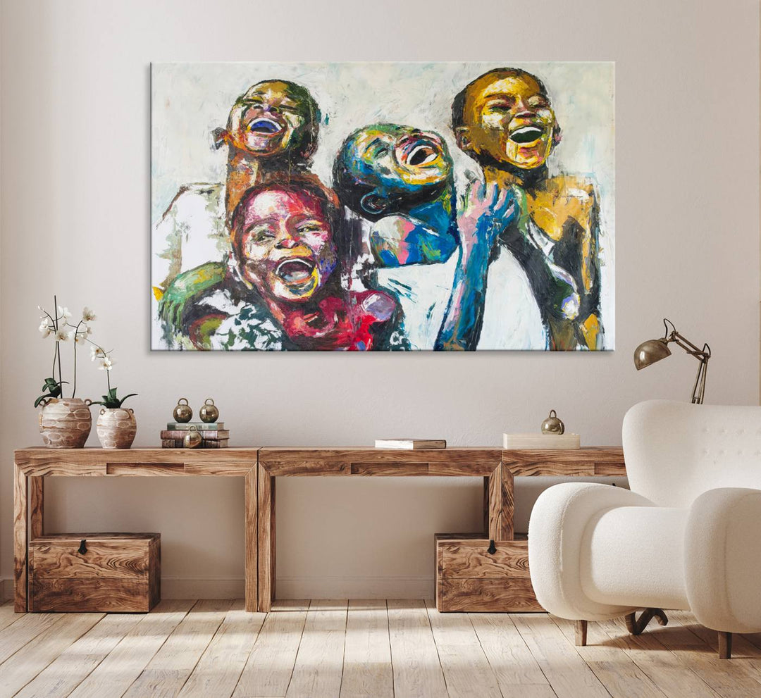 A vibrant Shai Yossef canvas art of joyful kids hangs prominently.