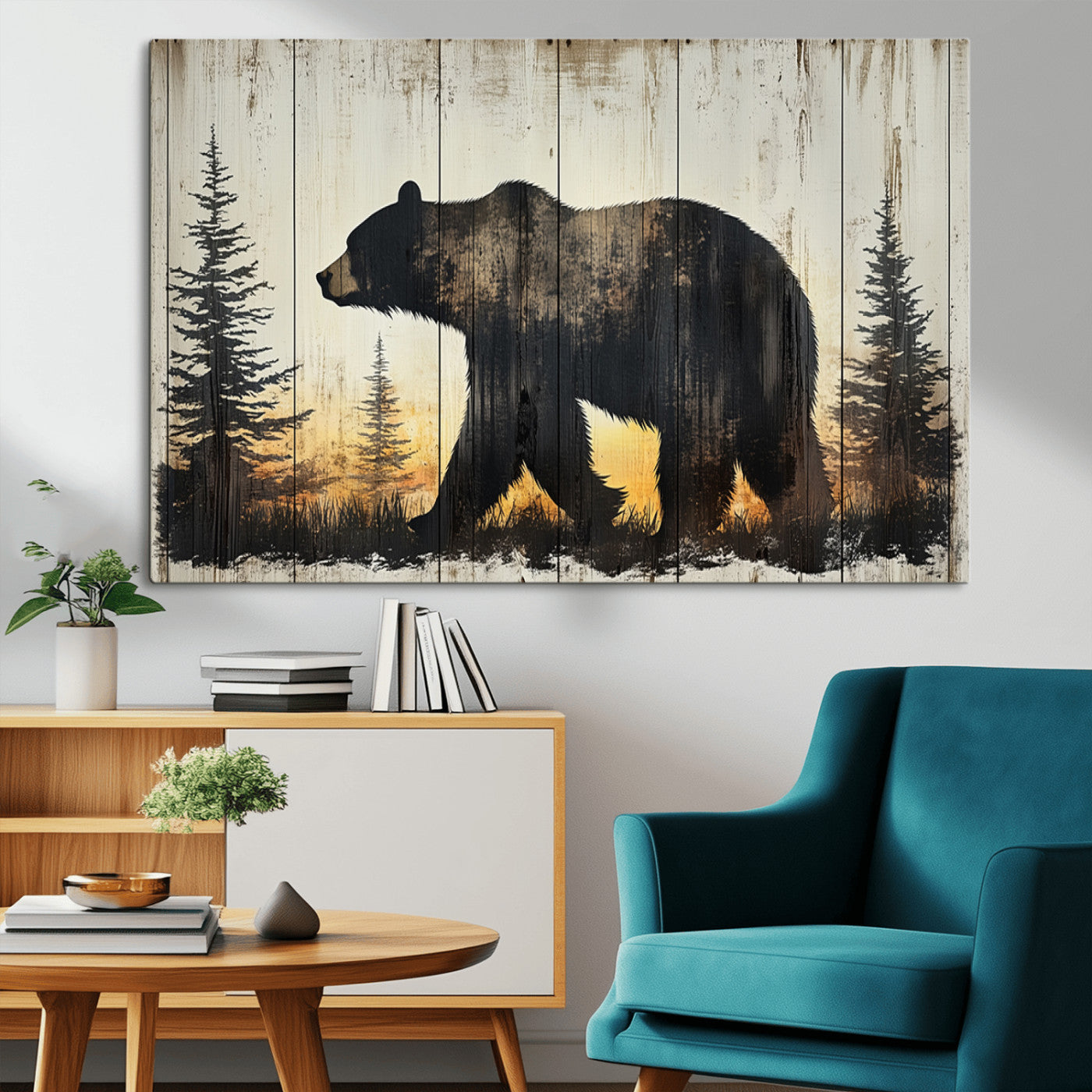 83875-MGV-CV-36X24-Vintage Bear Wall Art Canvas Print for Farmhouse - Mountain Wood Canvas Wall Art - Forest Silhouette