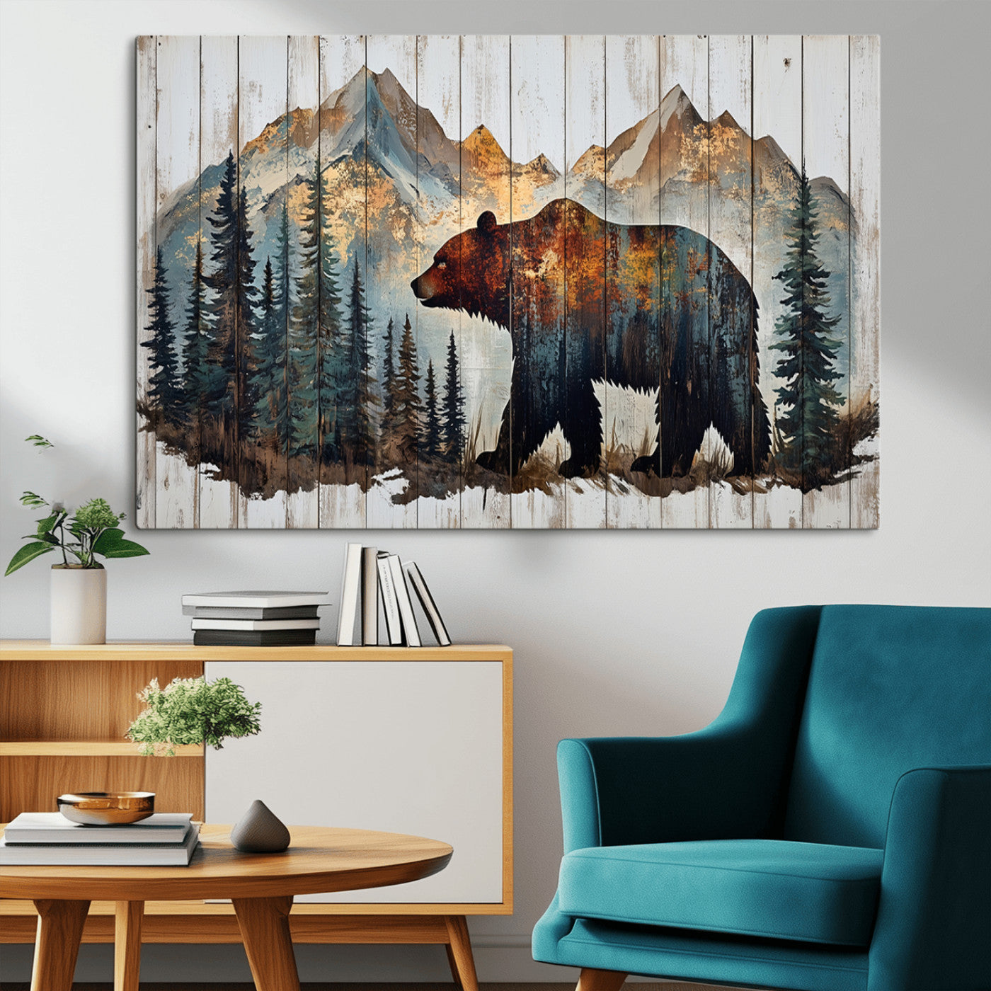 55777-MGV-CV-36X24-Rustic Grizzly 399 Bear and Mountain Wood Canvas Wall Art - Framed Nature Artwork with Forest