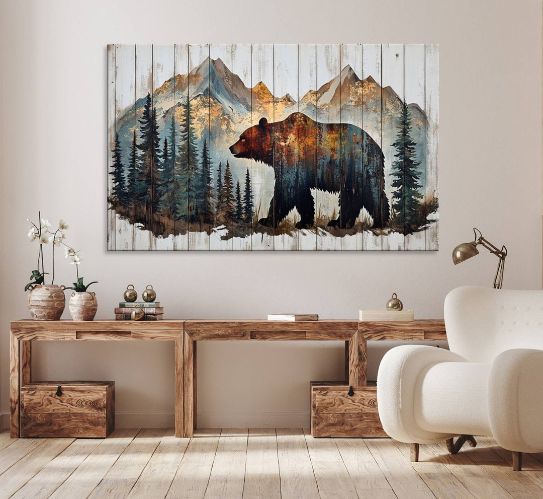 The living room features Rustic Grizzly 399 bear wall art, adding a cozy touch to the setup.