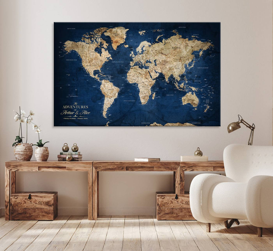 A Personalized Custom World Map Canvas Print on blue hangs prominently.