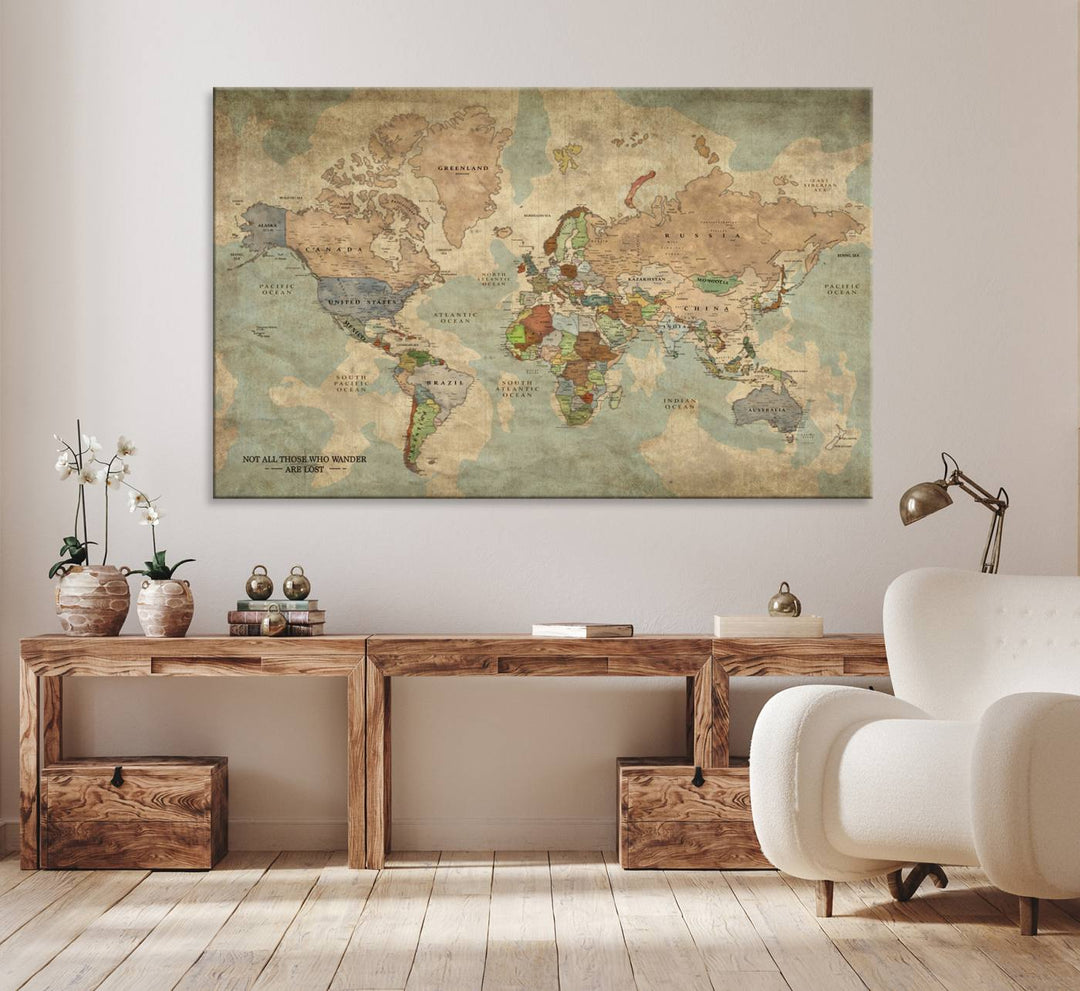 A Personalized World Map Canvas Print in vintage style enhances the setting with its artistic charm.