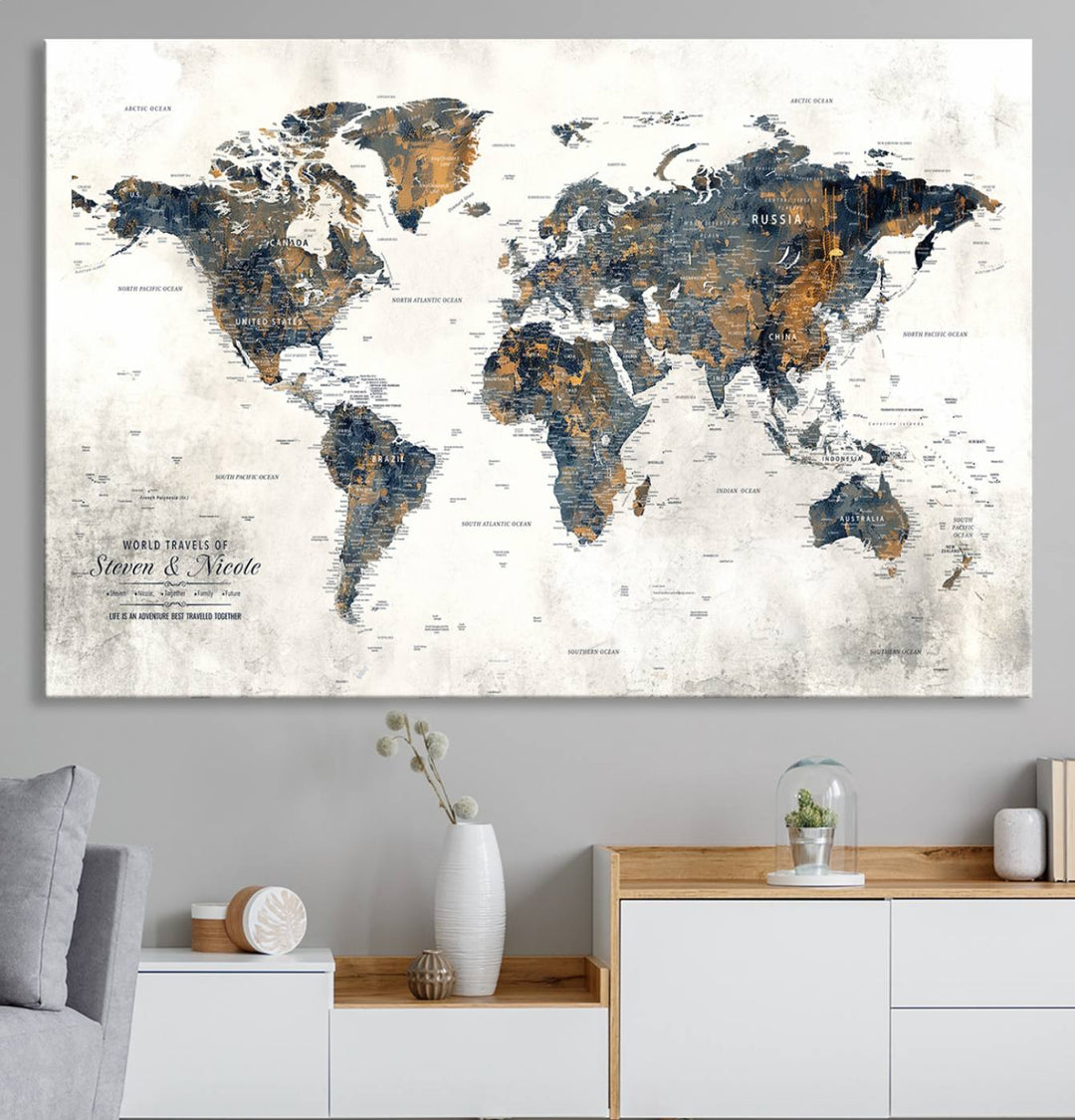 A smiling woman proudly holds the Personalized Push Pin Map Wall Art Print - Detailed Custom World Map Canvas Print in front of a white wall, perfect for travel enthusiasts eager to mark their adventures.