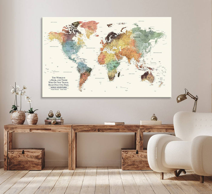 A colorful Personalized World Map Canvas Print, ideal as wall art for living room or office.