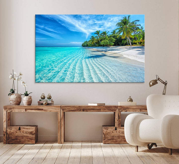 The Tropical Beach Wall Art Canvas Print features turquoise water and palm trees.