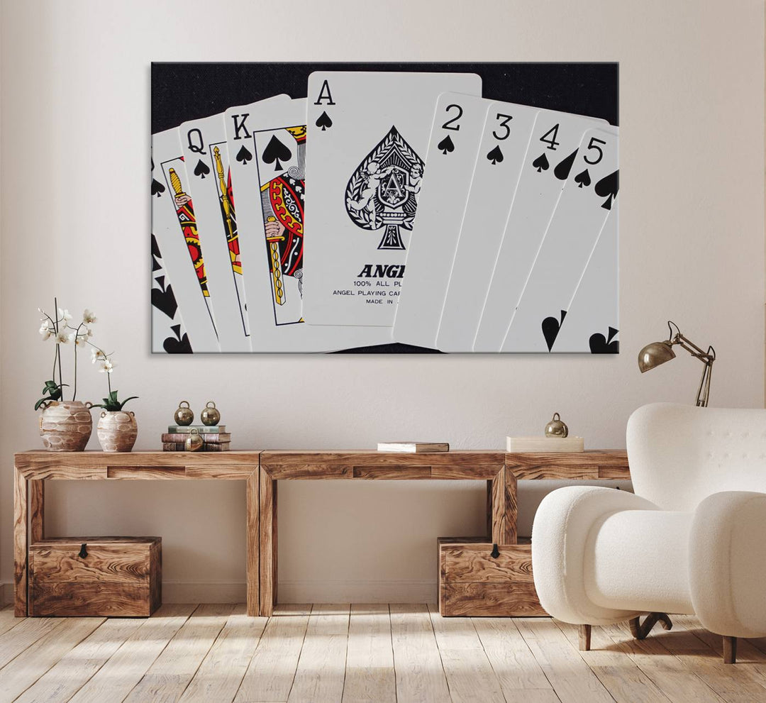 The oversized Poker Wall Art features the Ace of Spades and is displayed on a porch.