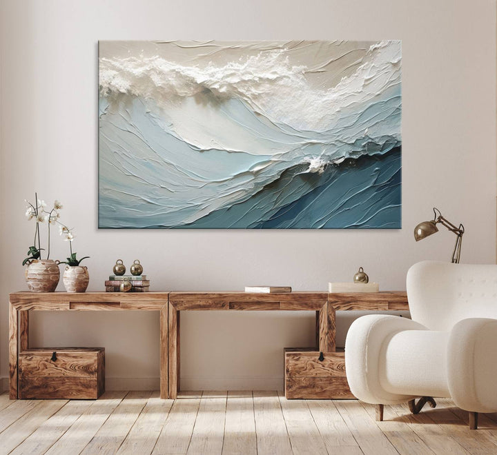 Waves Abstract Wall Art Print displayed on a porch with white siding.