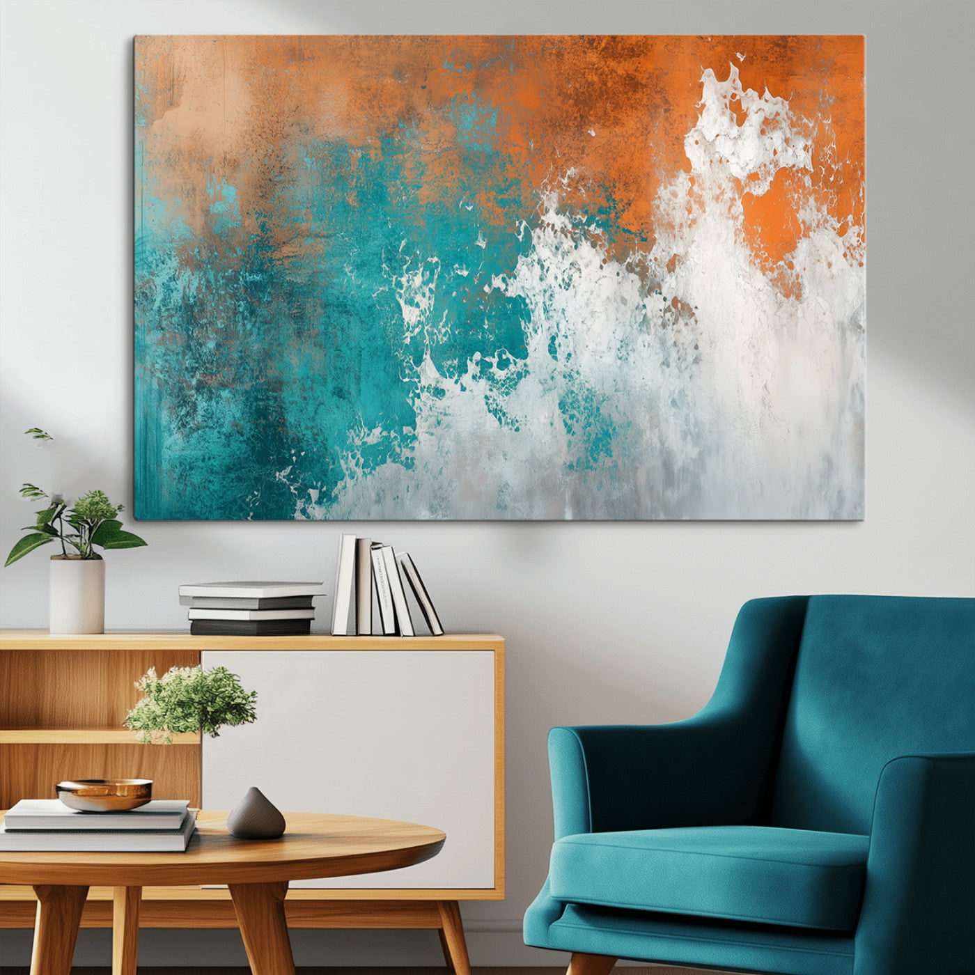 MGV-CV-36X24 - Vintage Abstract Print - Bold Teal and Orange Canvas Wall Art - Retro-Vintage Abstract Orange Canvas