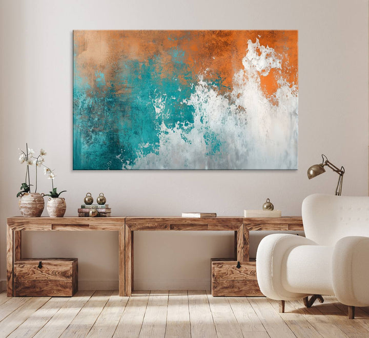 Vintage Abstract Print - Bold Teal and Orange Canvas Wall Art - Retro-Vintage Abstract Orange Canvas for Modern Decor