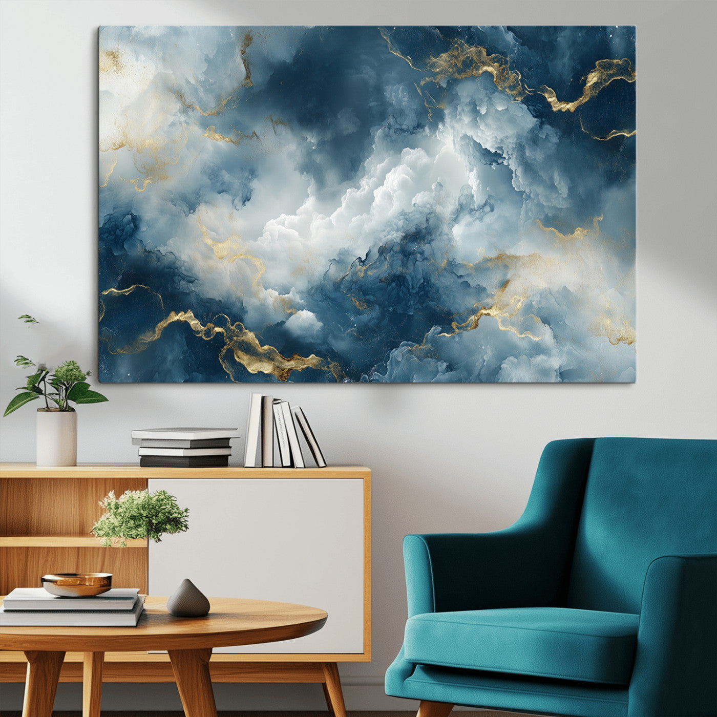 MGV-CV-36X24 - Large Abstract Print - Luxe Blue and Gold Abstract Canvas Wall Art - Bold Cloudscape Canvas for