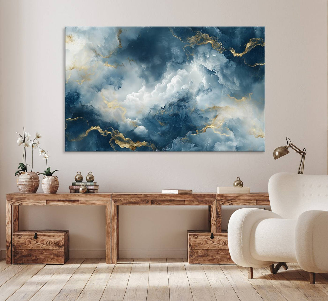 Luxe Blue and Gold Canvas Wall Art - a large abstract print.