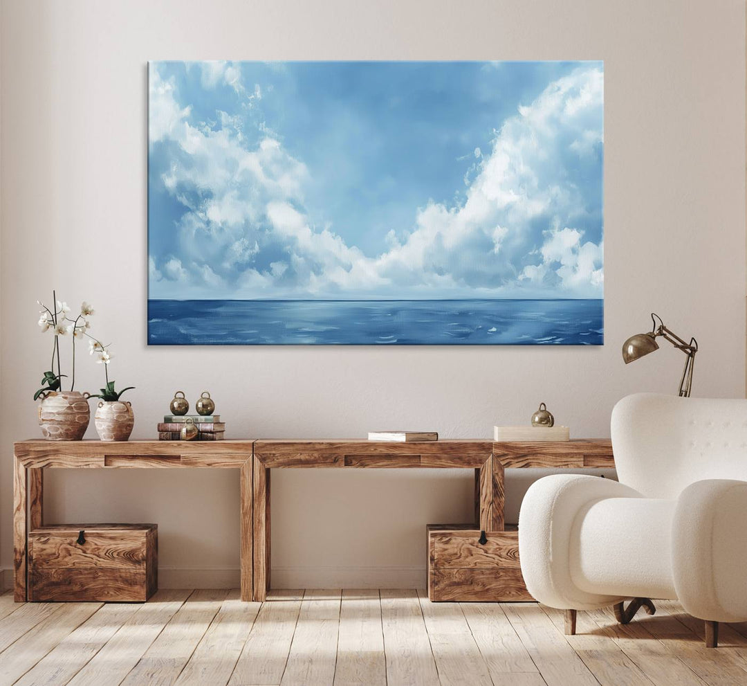 Abstract Ocean Print - Serene Blue Canvas displayed on a porch featuring minimalist decor.