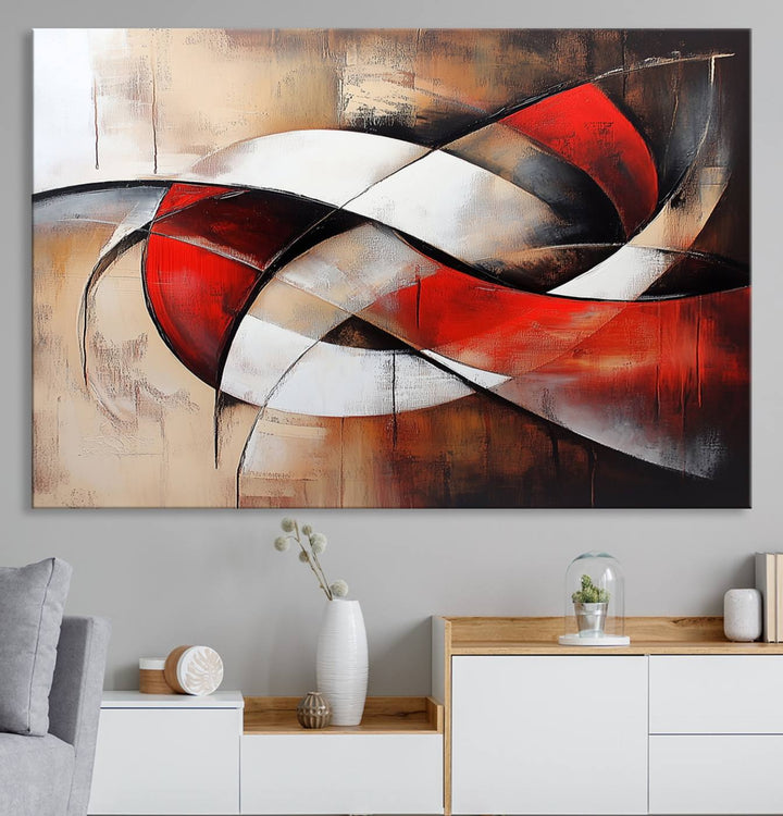 In a contemporary living room, the sunlight casts artistic shadows and highlights an abstract triptych wall art featuring bold red and white geometric shapes.