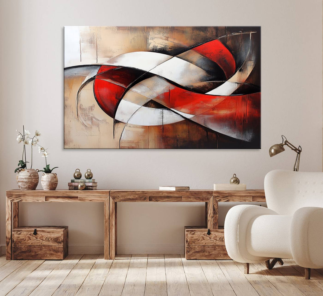 The Abstract Wall Art - Modern Red and White Canvas is displayed prominently in front of an entrance.