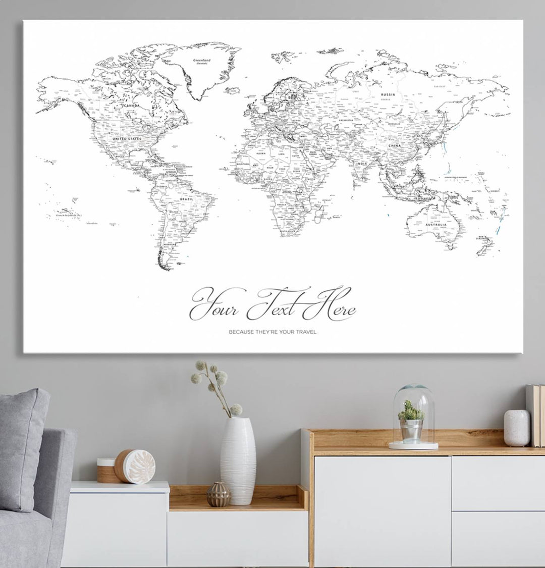 A large Framed Push Pin Mini World Travel Map Wall Art Print features customizable text and is designed as a premium cork pin board canvas with labeled countries for a gallery-quality finish.