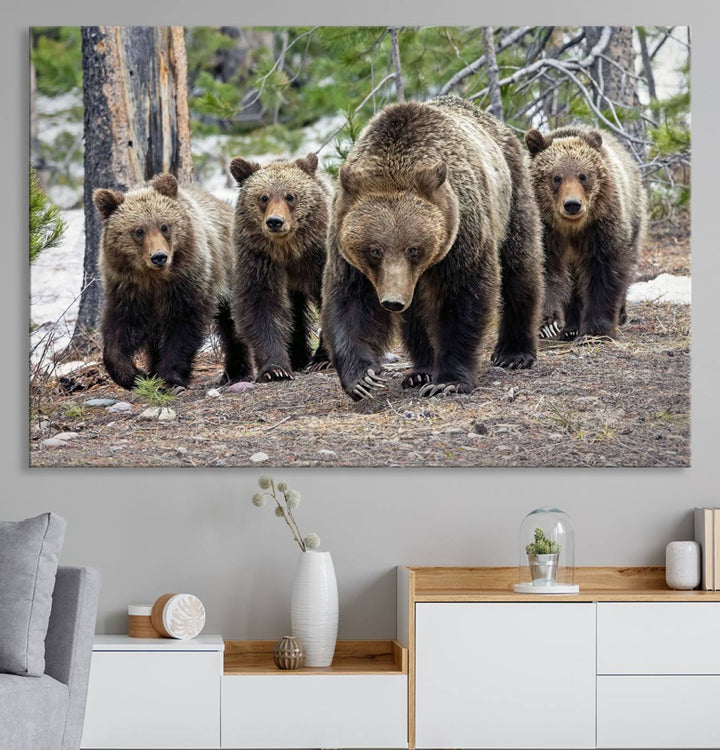 The wall art, a breathtaking canvas print titled "Queen of the Tetons," features 399 Grizzly Bear Cubs majestically captured in a forest setting. It is printed on premium canvas and handmade in the USA.