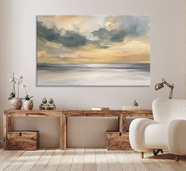 The Modern Coastal Wall Art Canvas Print features vibrant abstract ocean waves and clouds.