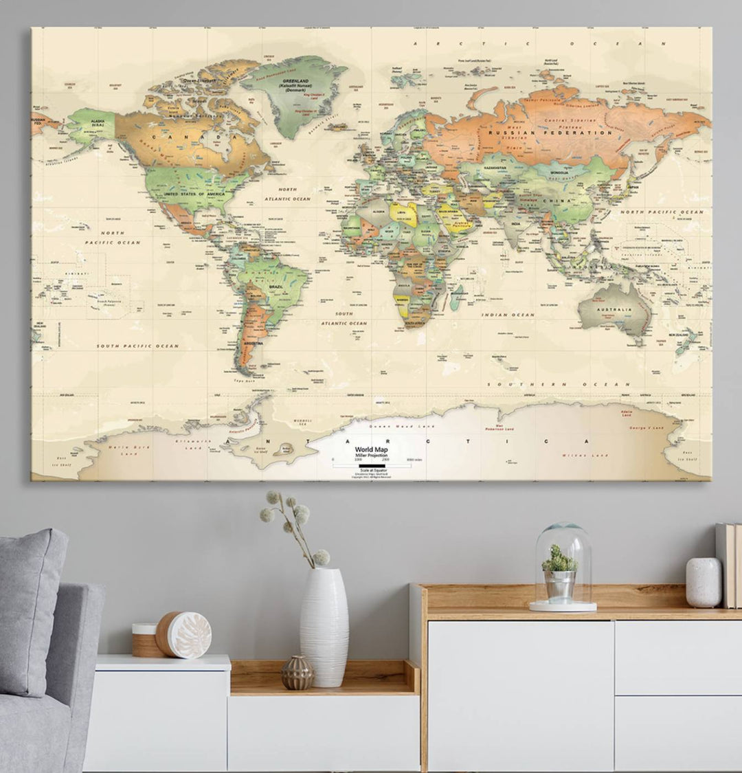 The Large Push Pin World Map Wall Art Canvas Print, with a gallery-quality finish, is carefully crafted on premium canvas and handmade in the USA. This piece adds a touch of elegance to any space.