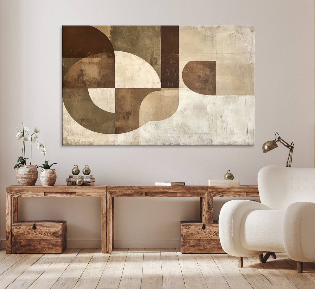 Wabi Sabi Geometric Wall Art is an abstract modern minimalist canvas featuring neutral tones.