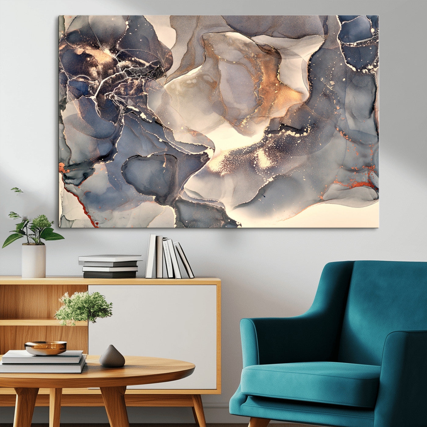 MGV-CV-36X24 - Abstract Blue and Gold Wall Art - Fluid Ink Artwork - Modern Luxury Wall Decor for Contemporary