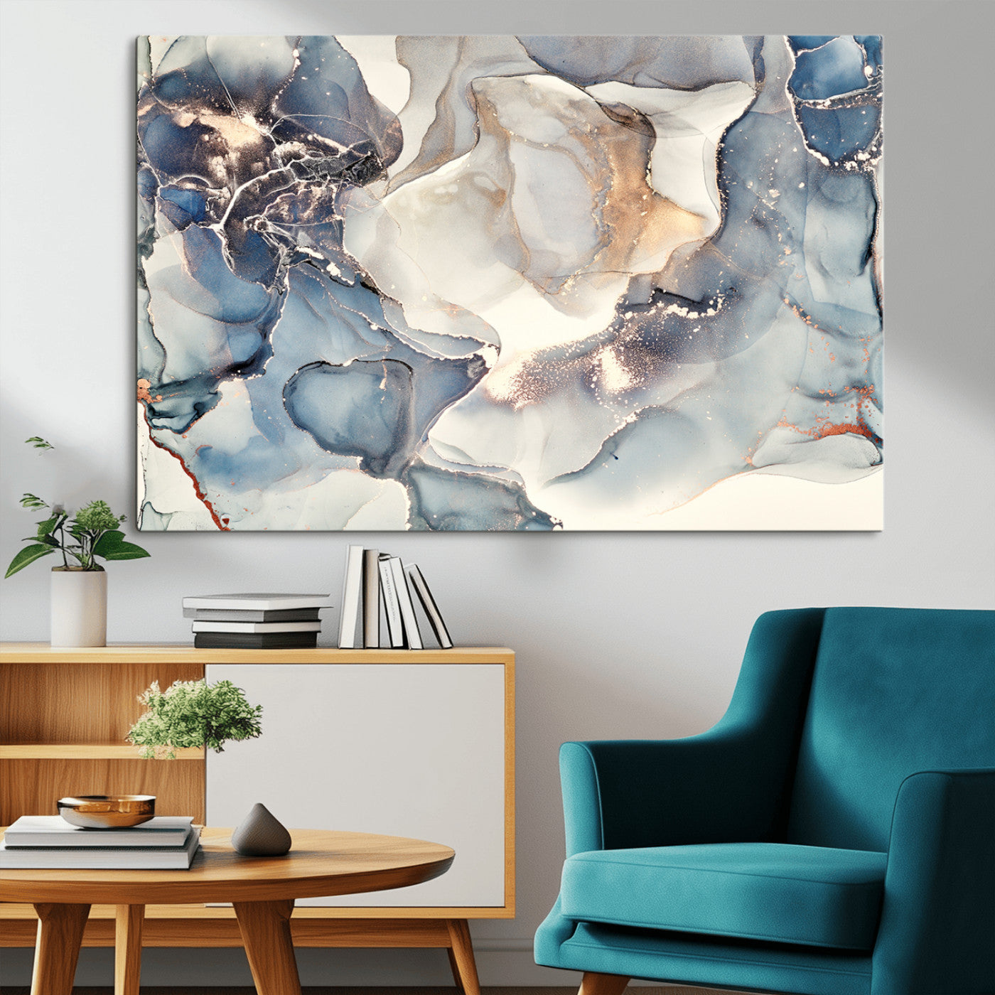 MGV-CV-36X24 - Abstract Blue and Gold Canvas Wall Art - Fluid Ink Artwork - Modern Luxury Wall Decor for Contemporary Interiors