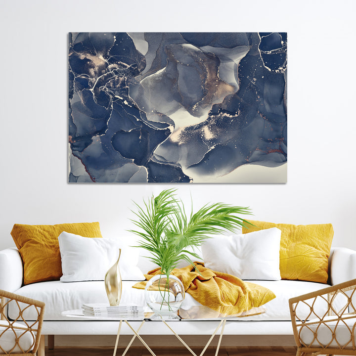 Large Abstract Blue and Gold Canvas Wall Art | Fluid Ink Artwork Print | Luxury Wall Decor for Contemporary Interiors | Framed Ready to Hang
