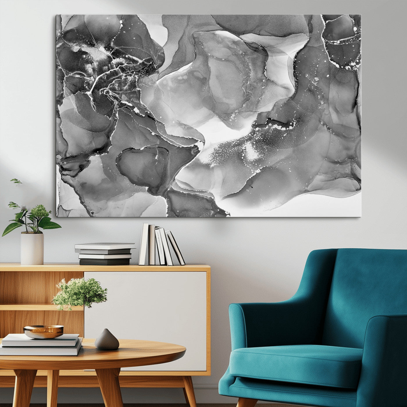 MGV-CV-36X24 - Black White Abstract Canvas Wall Art - Fluid Ink Artwork - Modern Luxury Wall Decor for Contemporary