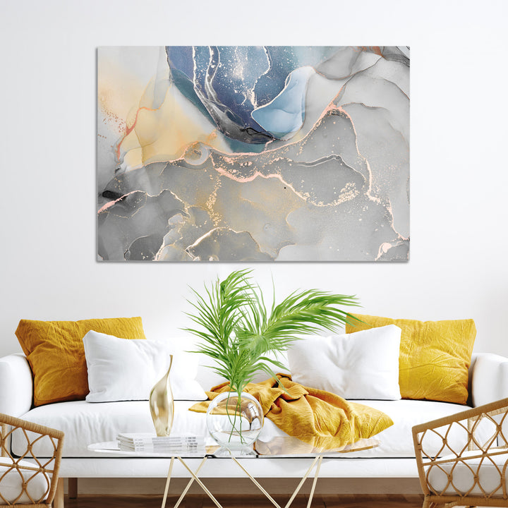 Large Abstract Blue and Gold Canvas Wall Art | Fluid Ink Artwork Print | Luxury Wall Decor for Contemporary Interiors | Framed Blue and Gold
