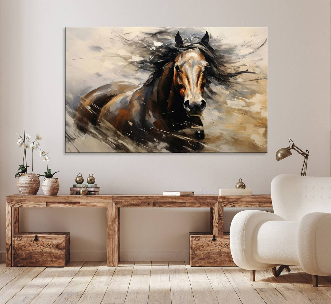 The Abstract Wall Art Horse Print adds rustic charm.