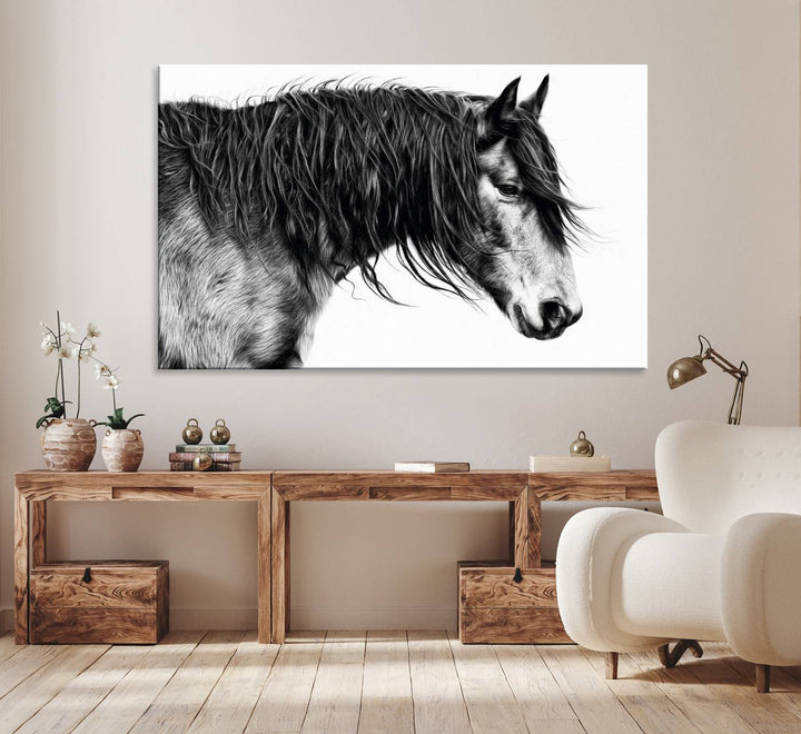 Black Horse Wall Art Canvas Print for farmhouse decor on the kitchen wall.