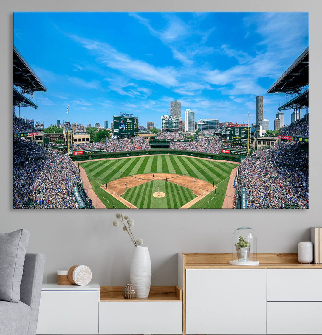 The Wrigley Field Chicago Cubs canvas art, depicting the iconic stadium, is perfect for sports lovers.